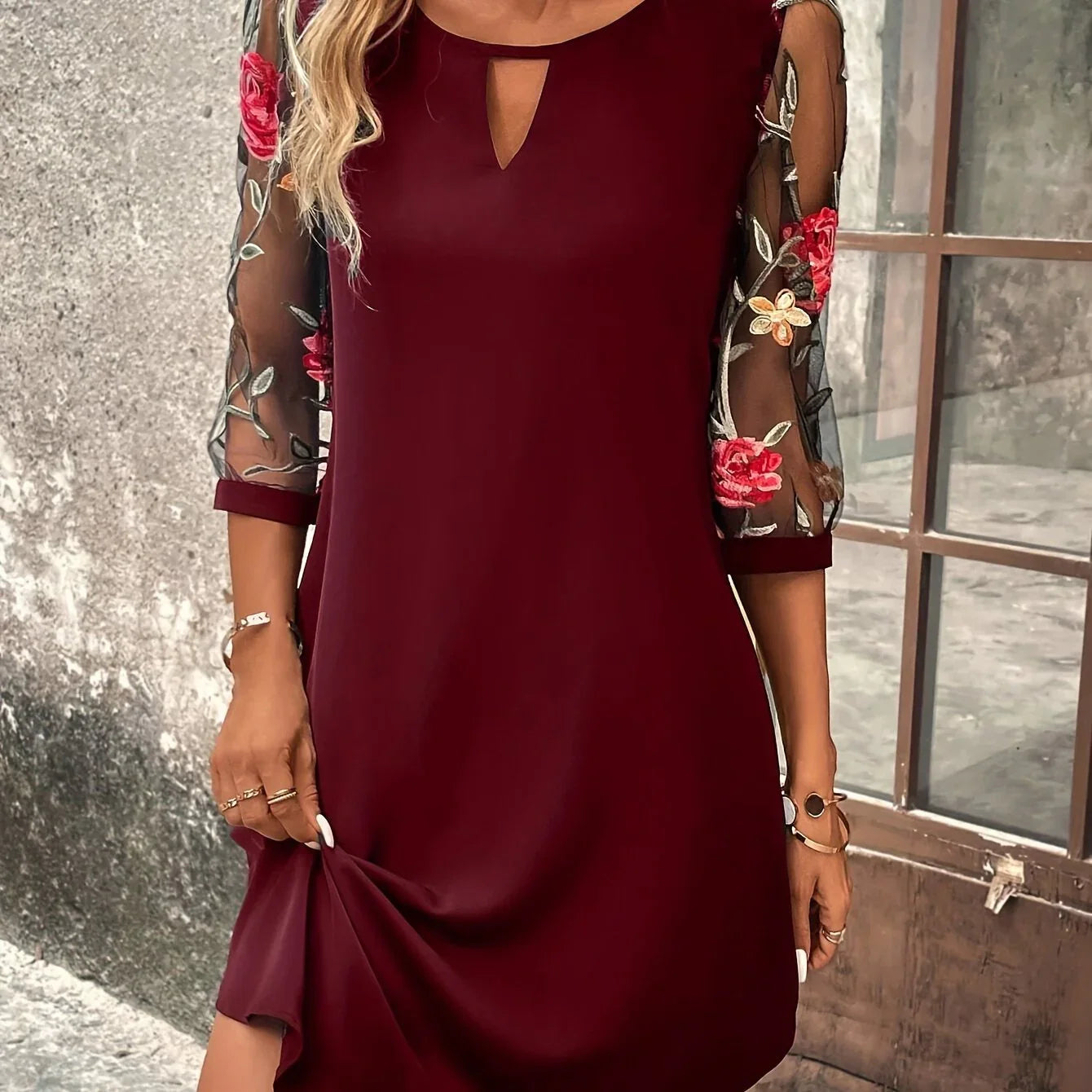 Kontrast Mesh Blumenmuster Elegante Schlüsselloch-Ausschnitt 3/4 Ärmel Kleid | tif-shop24.de