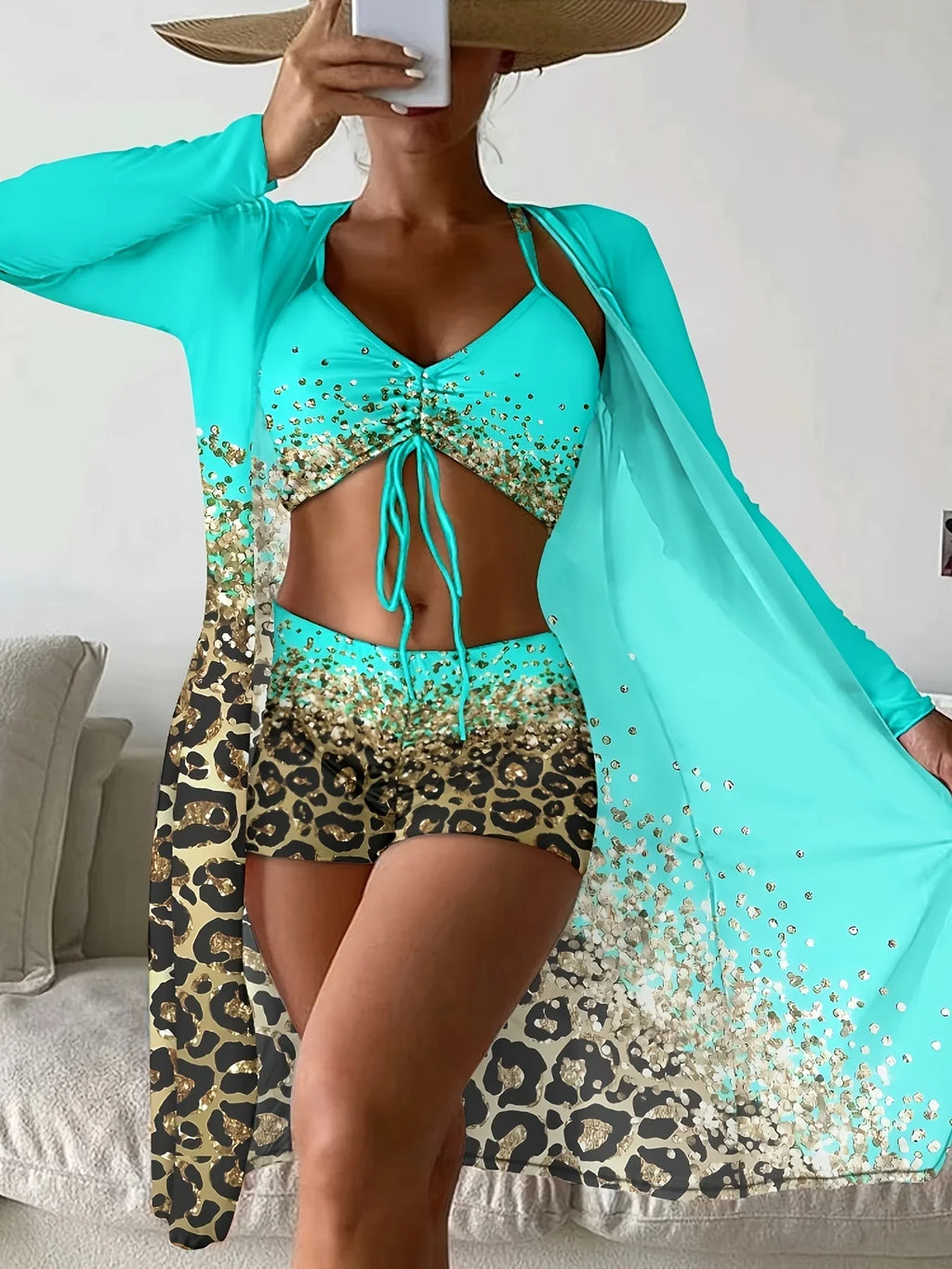 Leopard Print Medium Stretch 3-teiliges Set Badeanzüge Drawstring Spaghetti Strap High Waist Bikini & Long Sleeve Cover Up Bademode - tif-shop24.de