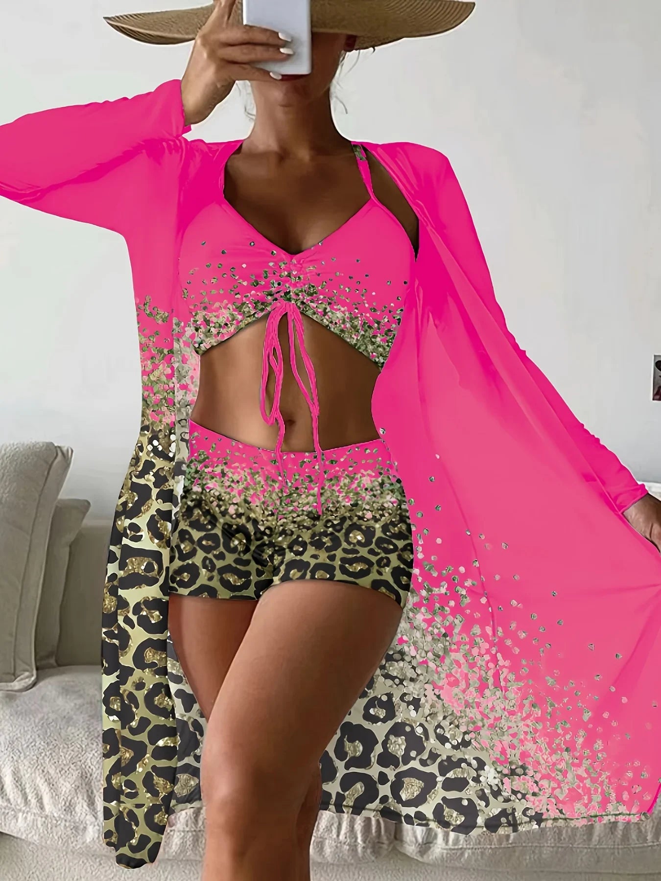 Leopard Print Medium Stretch 3-teiliges Set Badeanzüge Drawstring Spaghetti Strap High Waist Bikini & Long Sleeve Cover Up Bademode - tif-shop24.de