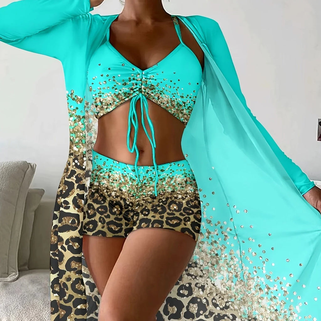 Leopard Print Medium Stretch 3-teiliges Set Badeanzüge Drawstring Spaghetti Strap High Waist Bikini & Long Sleeve Cover Up Bademode - tif-shop24.de