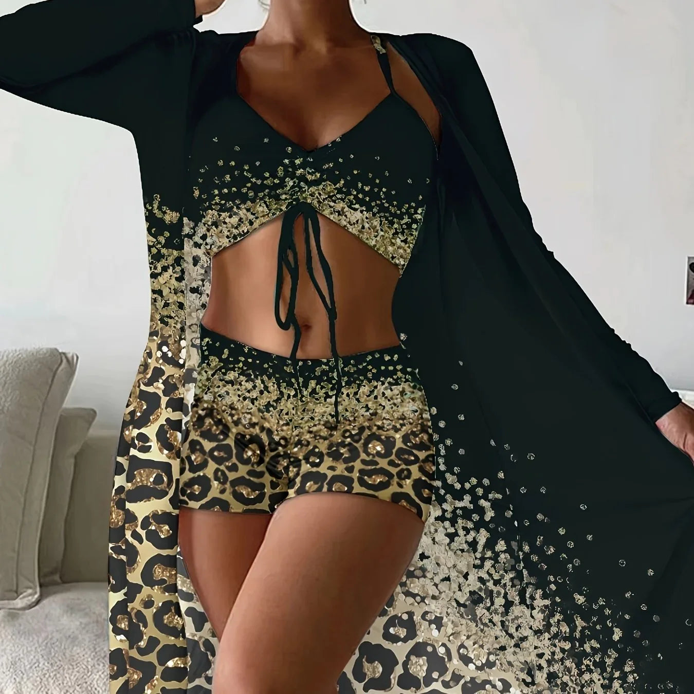 Leopard Print Medium Stretch 3-teiliges Set Badeanzüge Drawstring Spaghetti Strap High Waist Bikini & Long Sleeve Cover Up Bademode - tif-shop24.de