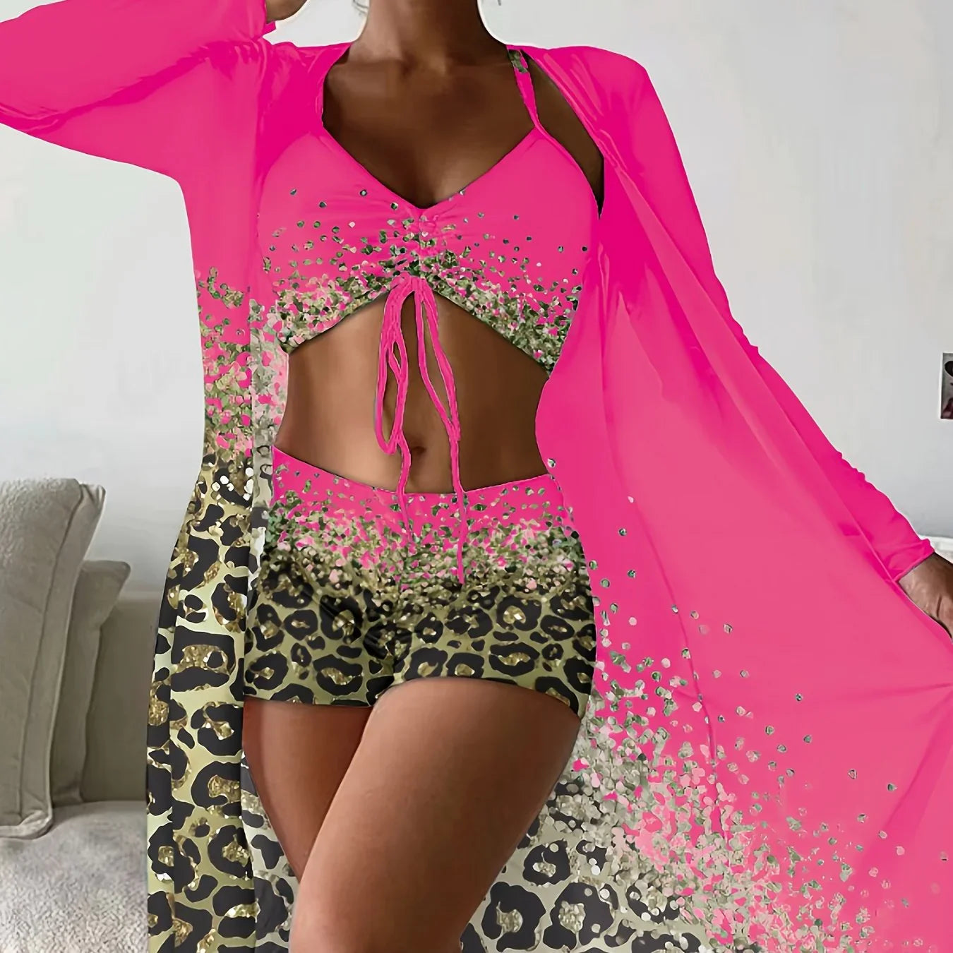 Leopard Print Medium Stretch 3-teiliges Set Badeanzüge Drawstring Spaghetti Strap High Waist Bikini & Long Sleeve Cover Up Bademode - tif-shop24.de