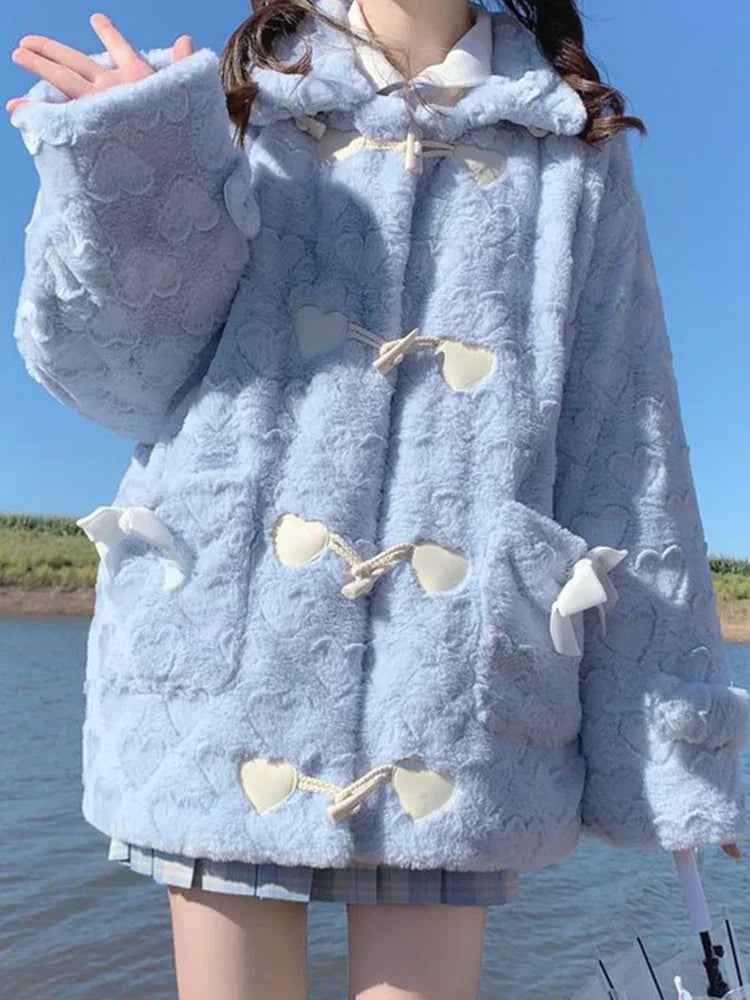 Plüsch Mode Kawaii Adrette Herz Casual Warme Bogen Horn Taste Mantel | tif-shop24.de