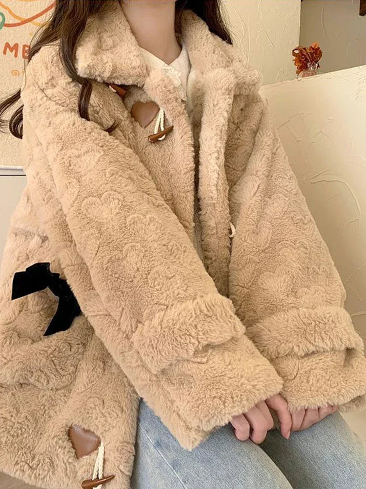 Plüsch Mode Kawaii Adrette Herz Casual Warme Bogen Horn Taste Mantel | tif-shop24.de