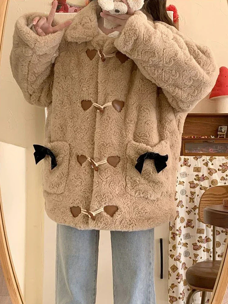 Plüsch Mode Kawaii Adrette Herz Casual Warme Bogen Horn Taste Mantel | tif-shop24.de