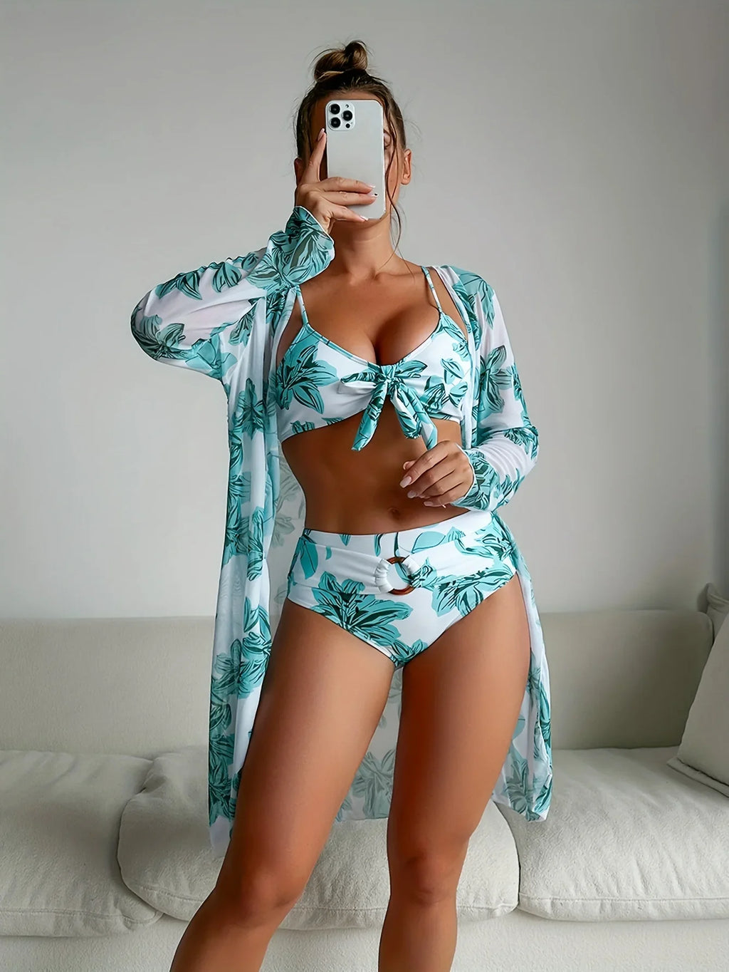Ring Tropical Plant Print Stretchy 3-teiliges Set Badeanzüge Knoten Spaghetti Träger Bikini & Langarm-Cover-Up Bademode - tif-shop24.de