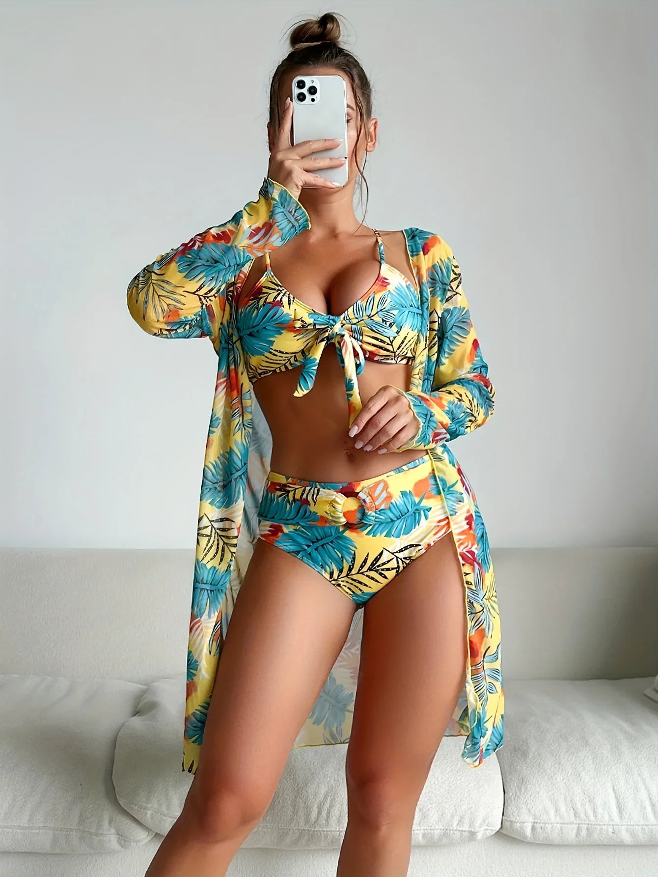 Ring Tropical Plant Print Stretchy 3-teiliges Set Badeanzüge Knoten Spaghetti Träger Bikini & Langarm-Cover-Up Bademode - tif-shop24.de