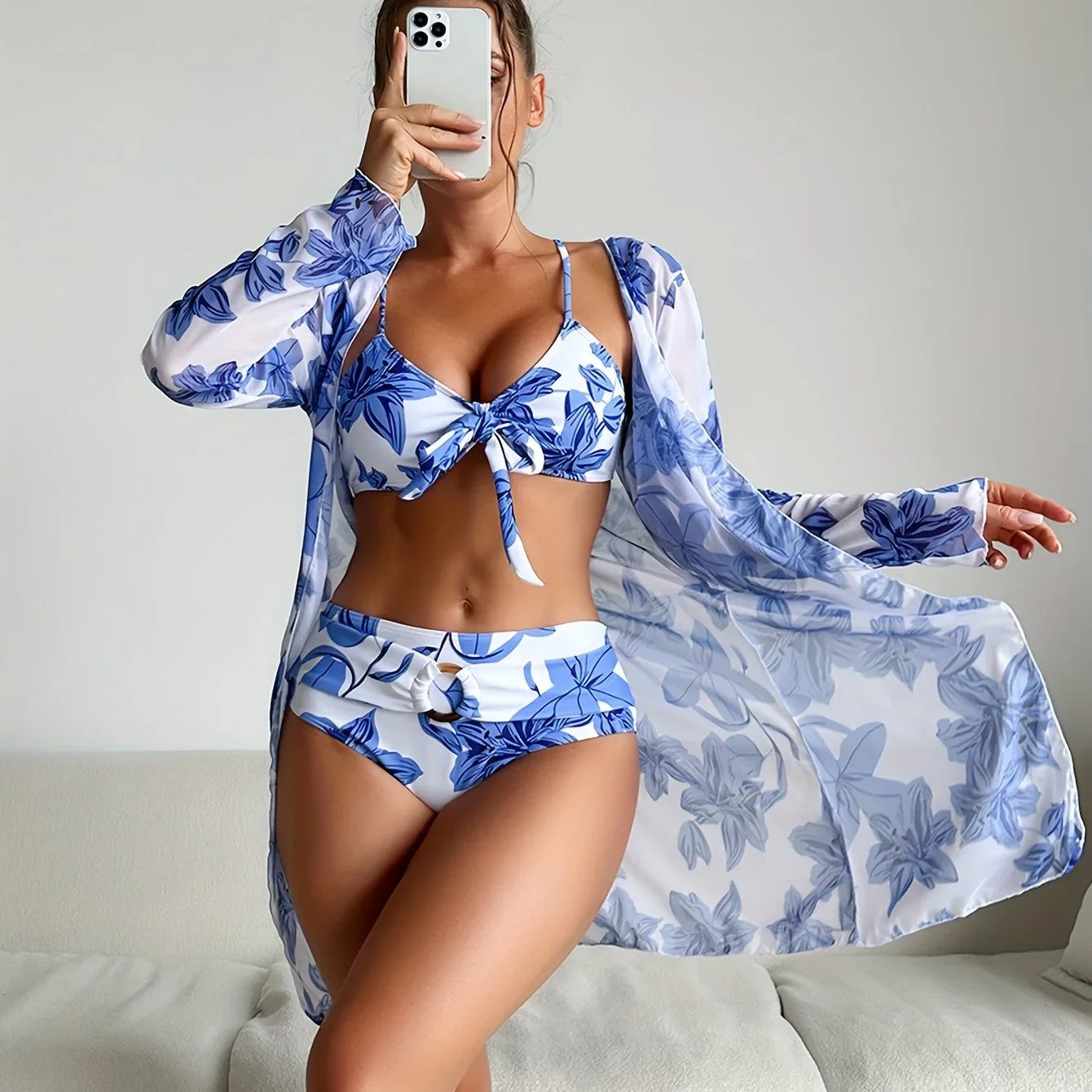 Ring Tropical Plant Print Stretchy 3-teiliges Set Badeanzüge Knoten Spaghetti Träger Bikini & Langarm-Cover-Up Bademode - tif-shop24.de