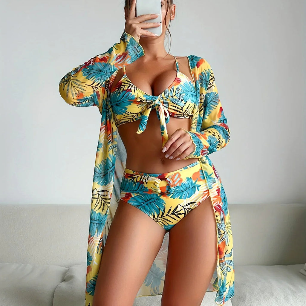 Ring Tropical Plant Print Stretchy 3-teiliges Set Badeanzüge Knoten Spaghetti Träger Bikini & Langarm-Cover-Up Bademode - tif-shop24.de