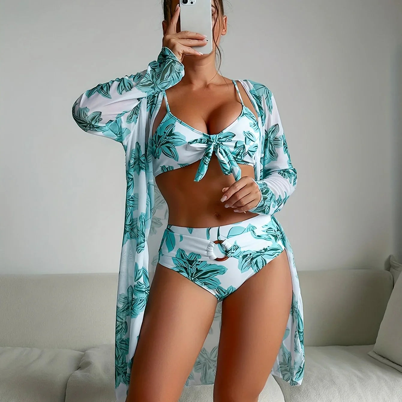 Ring Tropical Plant Print Stretchy 3-teiliges Set Badeanzüge Knoten Spaghetti Träger Bikini & Langarm-Cover-Up Bademode - tif-shop24.de