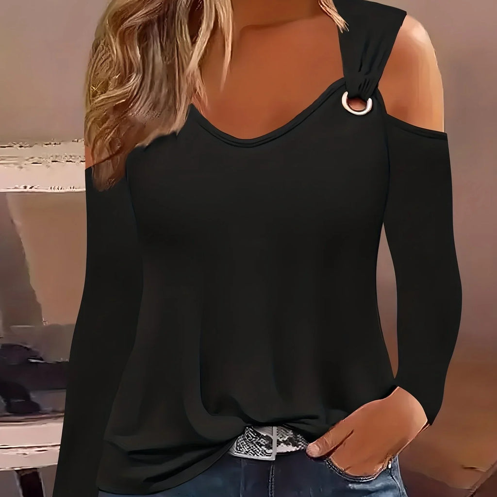 Solides T-Shirt Mit Rundhalsausschnitt Und Ringdetail, Lässiges Langärmliges Oberteil Mit Kalter Schulter | tif-shop24.de