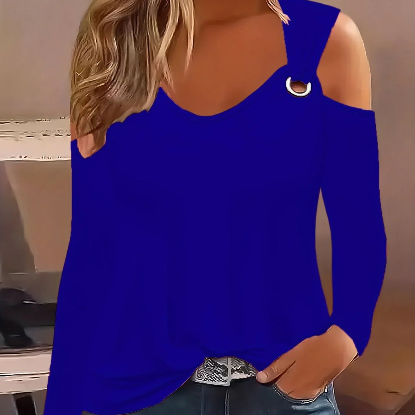 Solides T-Shirt Mit Rundhalsausschnitt Und Ringdetail, Lässiges Langärmliges Oberteil Mit Kalter Schulter | tif-shop24.de