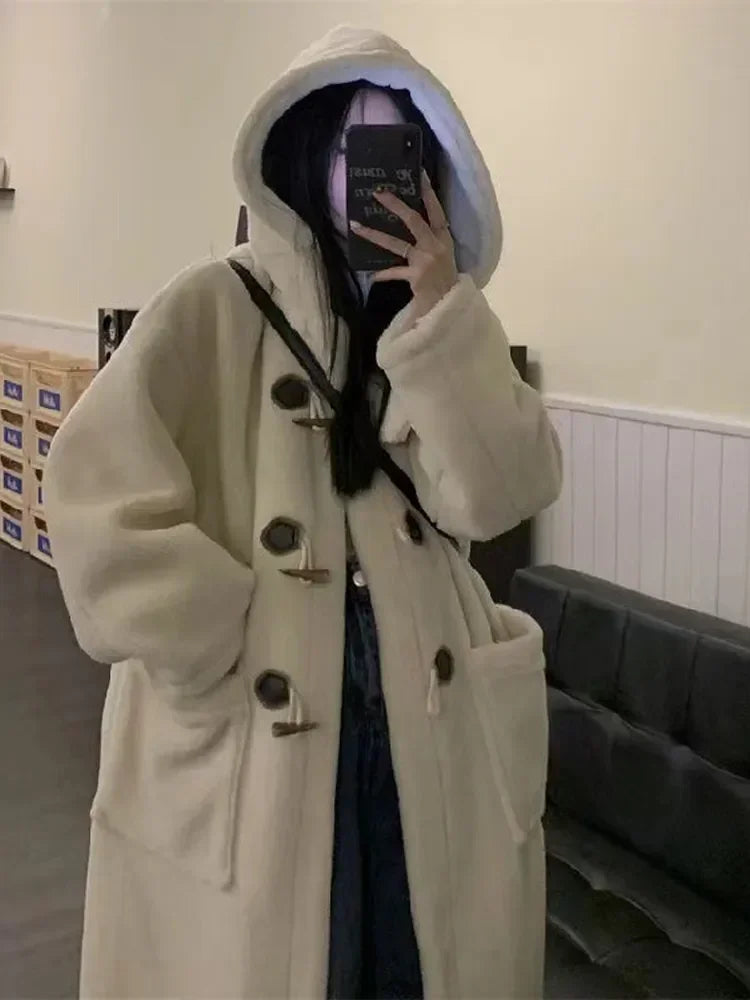 Faux Woolen Langen Mantel Langarm Große Tasche Kapuze Warm Lose Mantel | tif-shop24.de