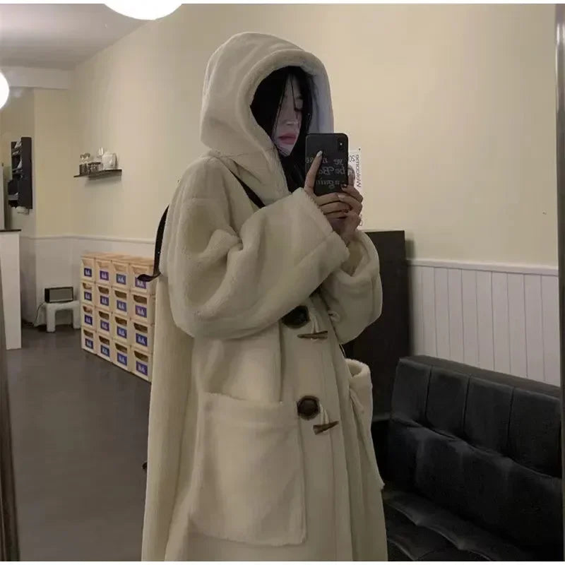 Faux Woolen Langen Mantel Langarm Große Tasche Kapuze Warm Lose Mantel | tif-shop24.de