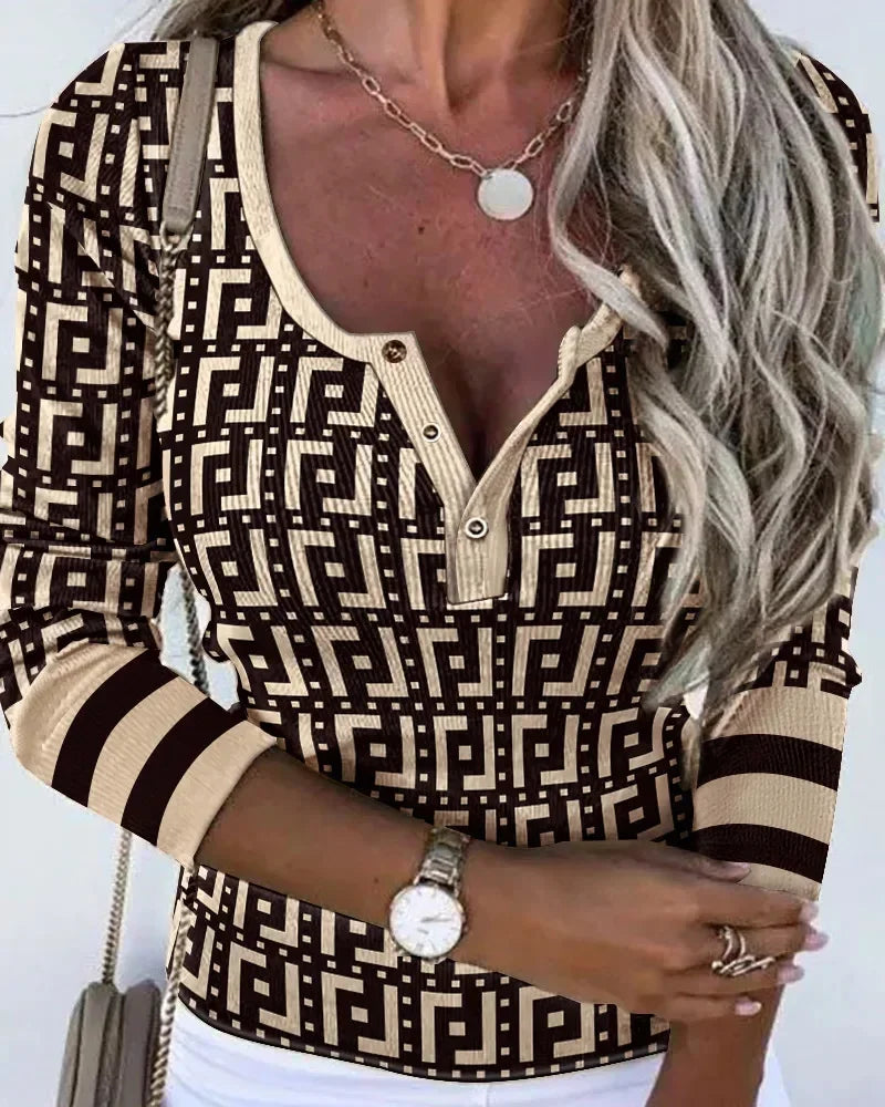 Volle Ärmel Taste Schlank Druck Geometrische Verstärktes V-ausschnitt Sexy Colorblock Mode Top | tif-shop24.de