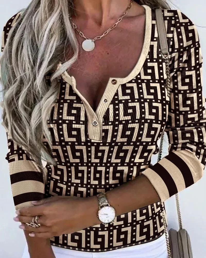 Volle Ärmel Taste Schlank Druck Geometrische Verstärktes V-ausschnitt Sexy Colorblock Mode Top | tif-shop24.de