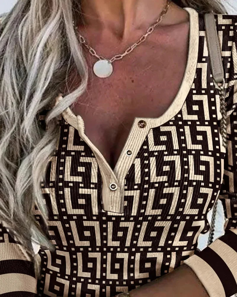 Volle Ärmel Taste Schlank Druck Geometrische Verstärktes V-ausschnitt Sexy Colorblock Mode Top | tif-shop24.de