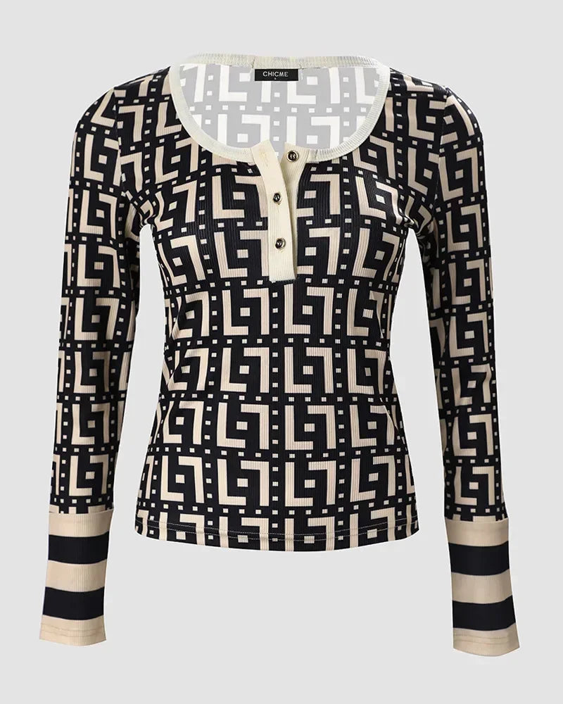 Volle Ärmel Taste Schlank Druck Geometrische Verstärktes V-ausschnitt Sexy Colorblock Mode Top | tif-shop24.de