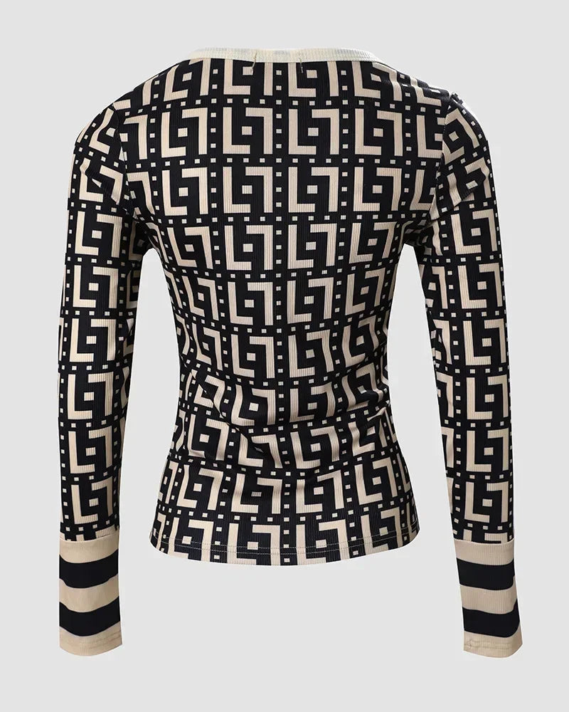 Volle Ärmel Taste Schlank Druck Geometrische Verstärktes V-ausschnitt Sexy Colorblock Mode Top | tif-shop24.de
