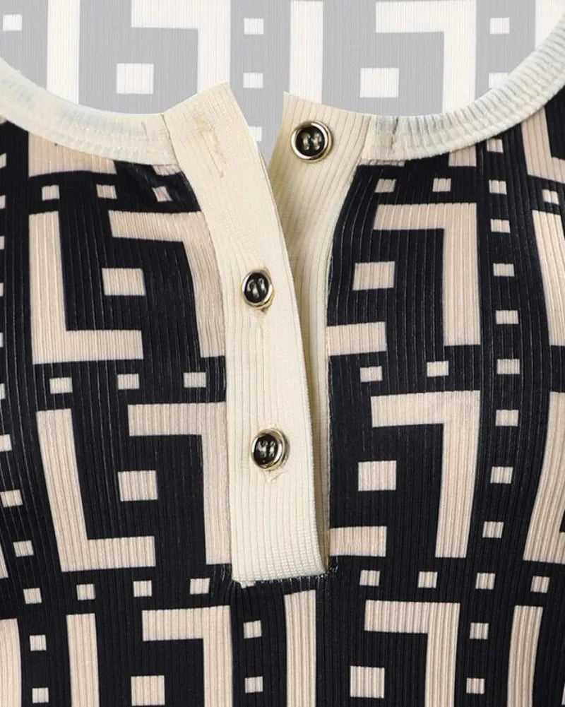 Volle Ärmel Taste Schlank Druck Geometrische Verstärktes V-ausschnitt Sexy Colorblock Mode Top | tif-shop24.de