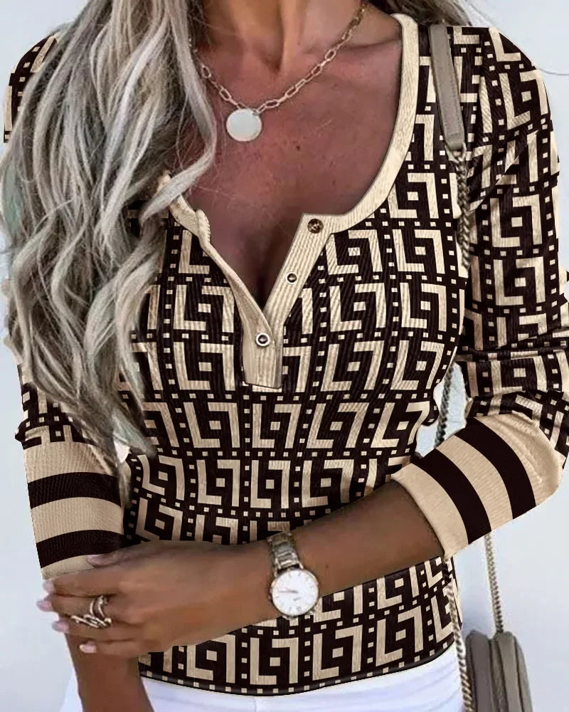 Volle Ärmel Taste Schlank Druck Geometrische Verstärktes V-ausschnitt Sexy Colorblock Mode Top - tif-shop24.de
