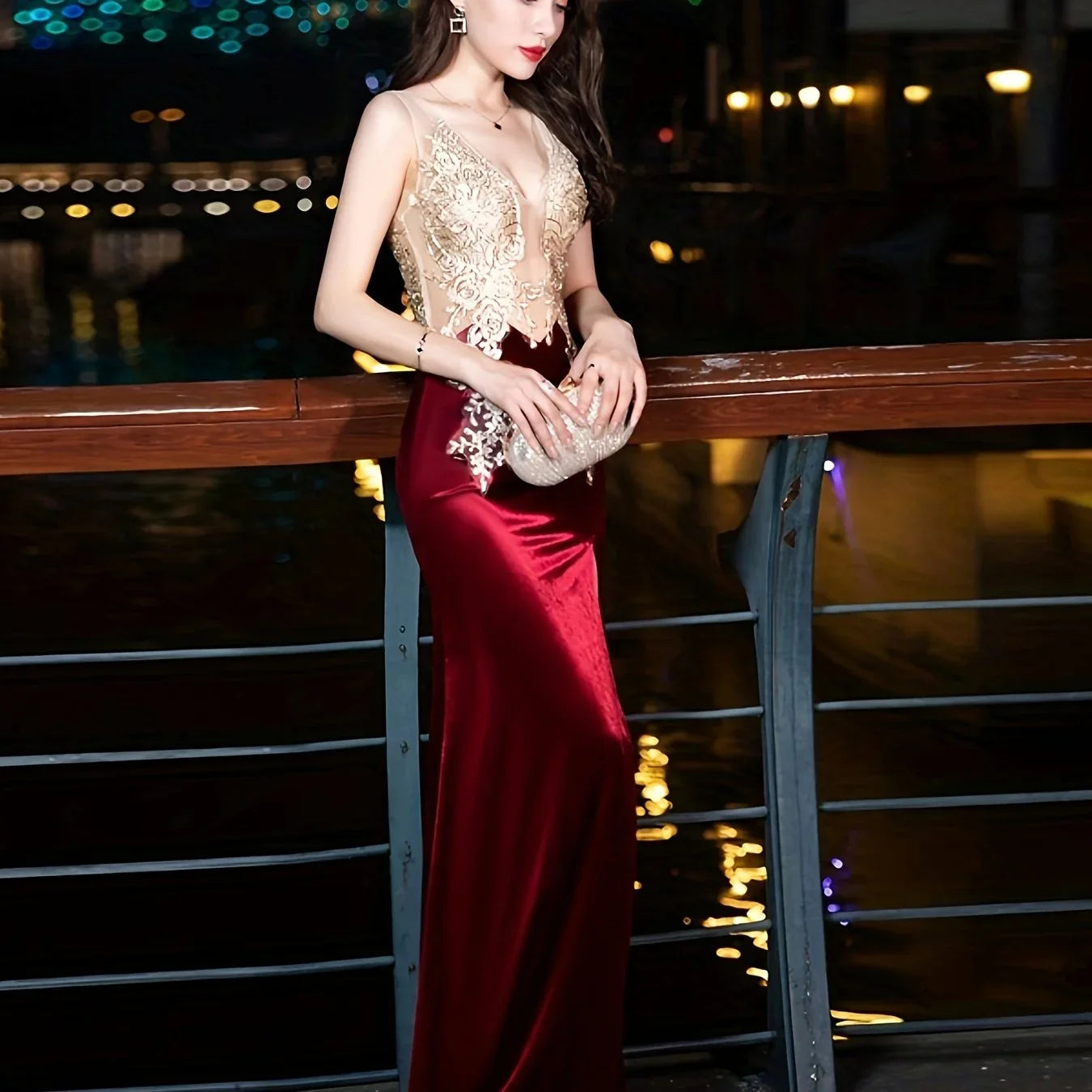 Kontrast Mesh Farbblock Kleid, Elegantes Ärmelloses Kleid Mit Geschlitztem Oberschenkel Für Party & Bankett, Damenbekleidung - tif-shop24.de