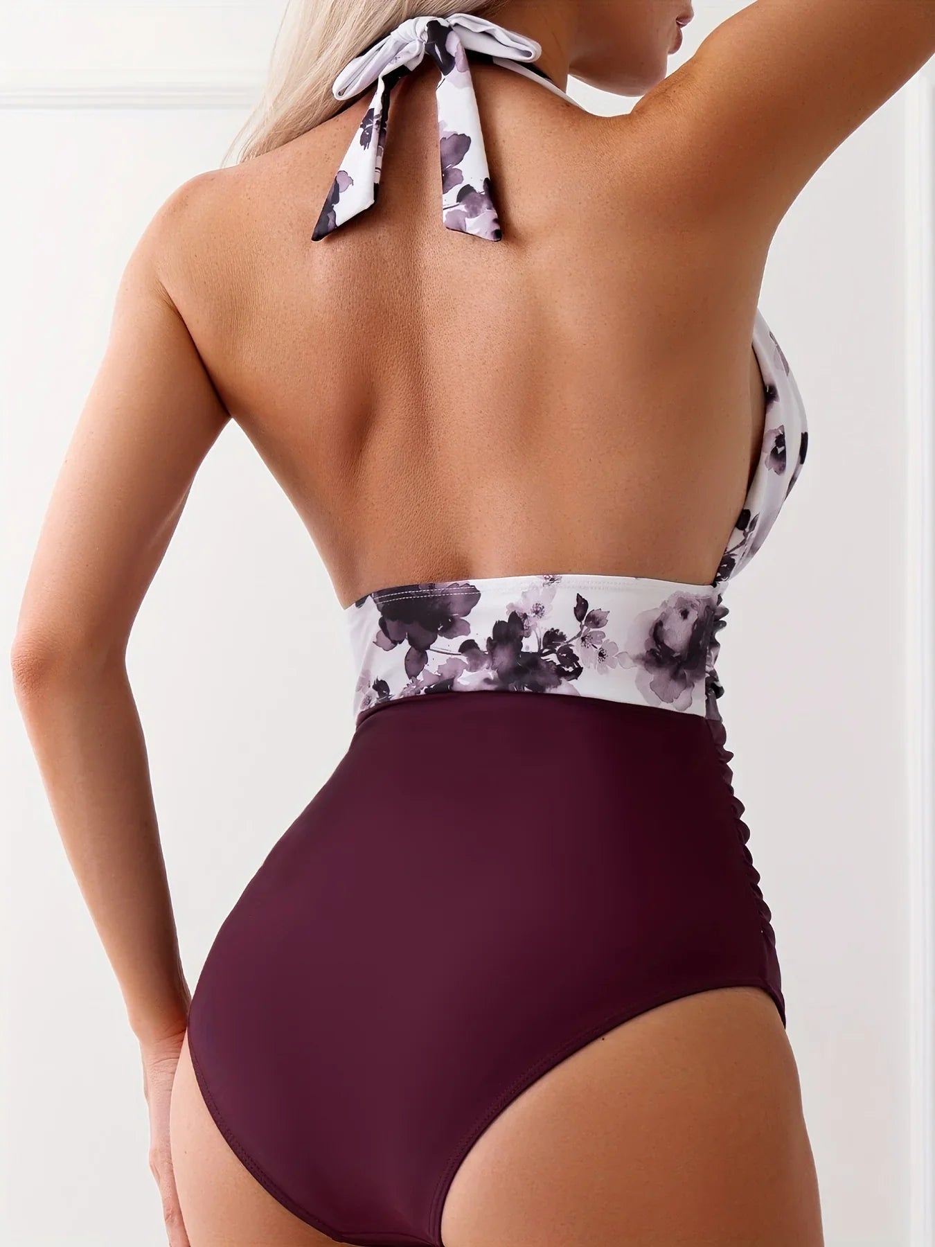 Halter Ruched Tummy Control Einteiler, Rückenfrei Tiefer V-Ausschnitt Dehnbarer Tummy Control Badeanzug - tif-shop24.de