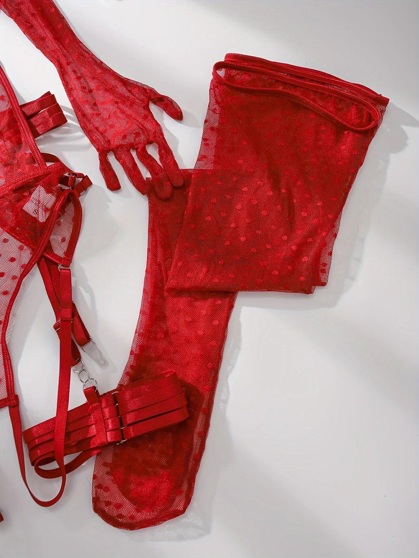 Hot Mesh Dot Flocked Neckholder Rückenfreier Teddy, Halbtransparenter Body Mit Offenem Schritt, Handschuhe, Strumpfgürtel Und Strümpfe, Sexy Dessous Und Unterwäsche Für Damen - tif-shop24.de