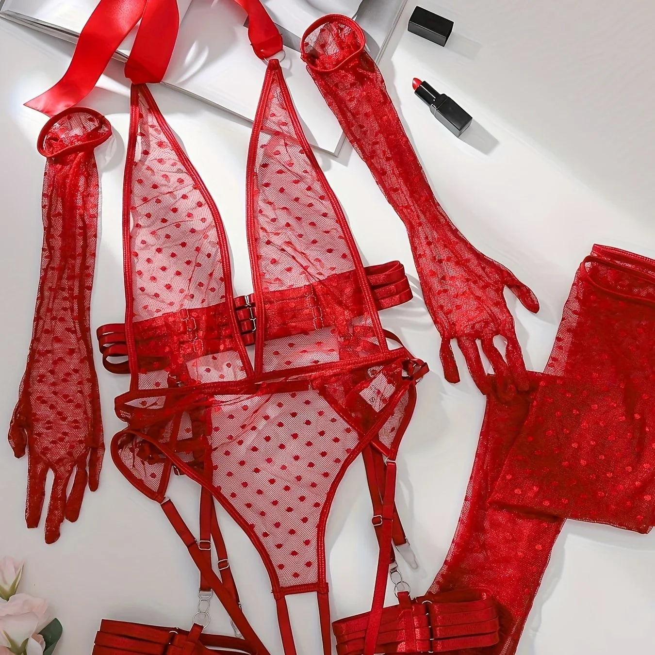 Hot Mesh Dot Flocked Neckholder Rückenfreier Teddy, Halbtransparenter Body Mit Offenem Schritt, Handschuhe, Strumpfgürtel Und Strümpfe, Sexy Dessous Und Unterwäsche Für Damen - tif-shop24.de