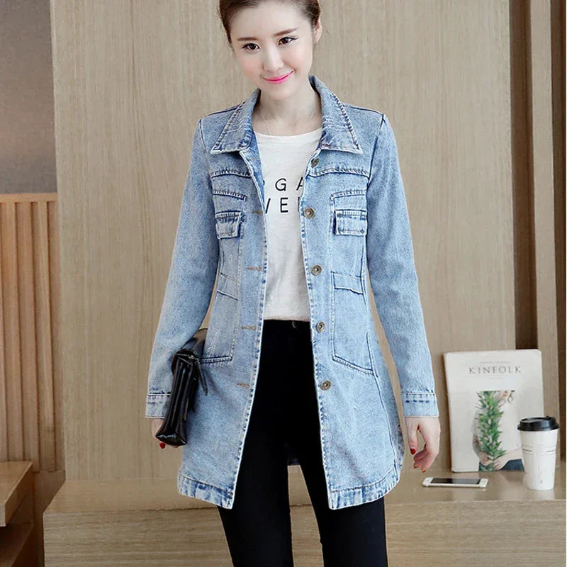 Denim Mode Jean Lange Baumwolle Dünne Lange Mantel | tif-shop24.de