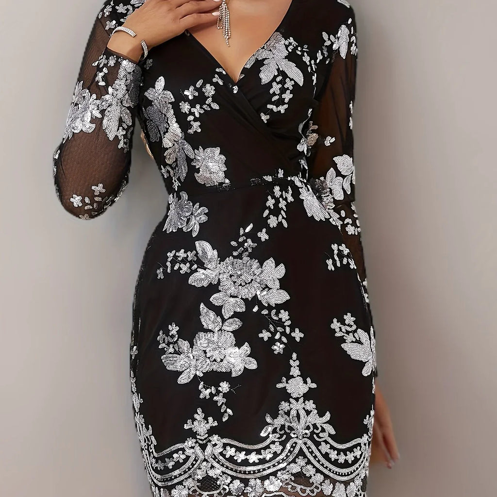 Elegantes Sequined Kleid V-Ausschnitt - Langarm Partykleid - tif-shop24.de