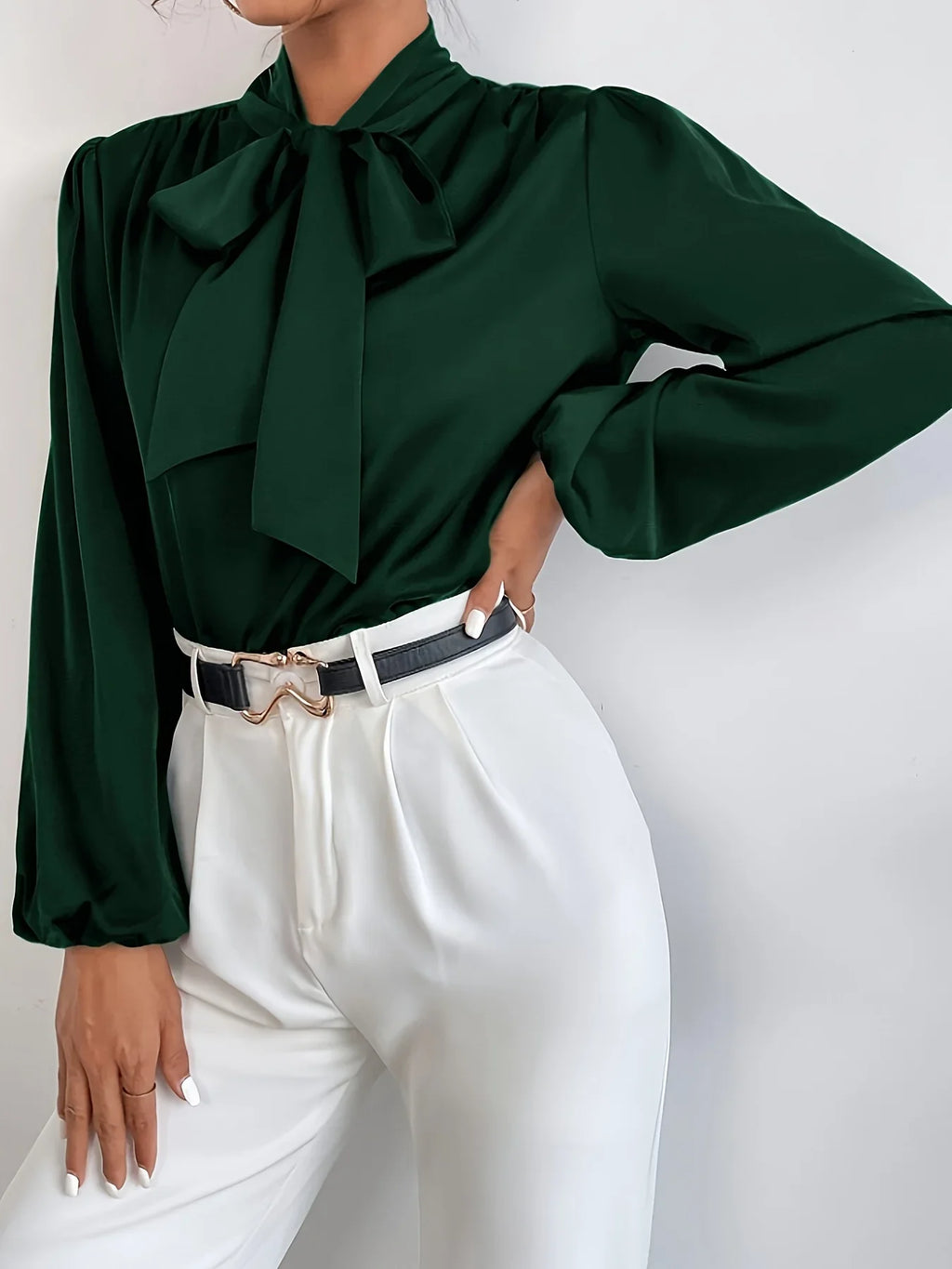 Bluse Mit Laternenärmeln & Bindekragen, Elegante, Einfarbige Bluse Für Büro & Arbeit - tif-shop24.de