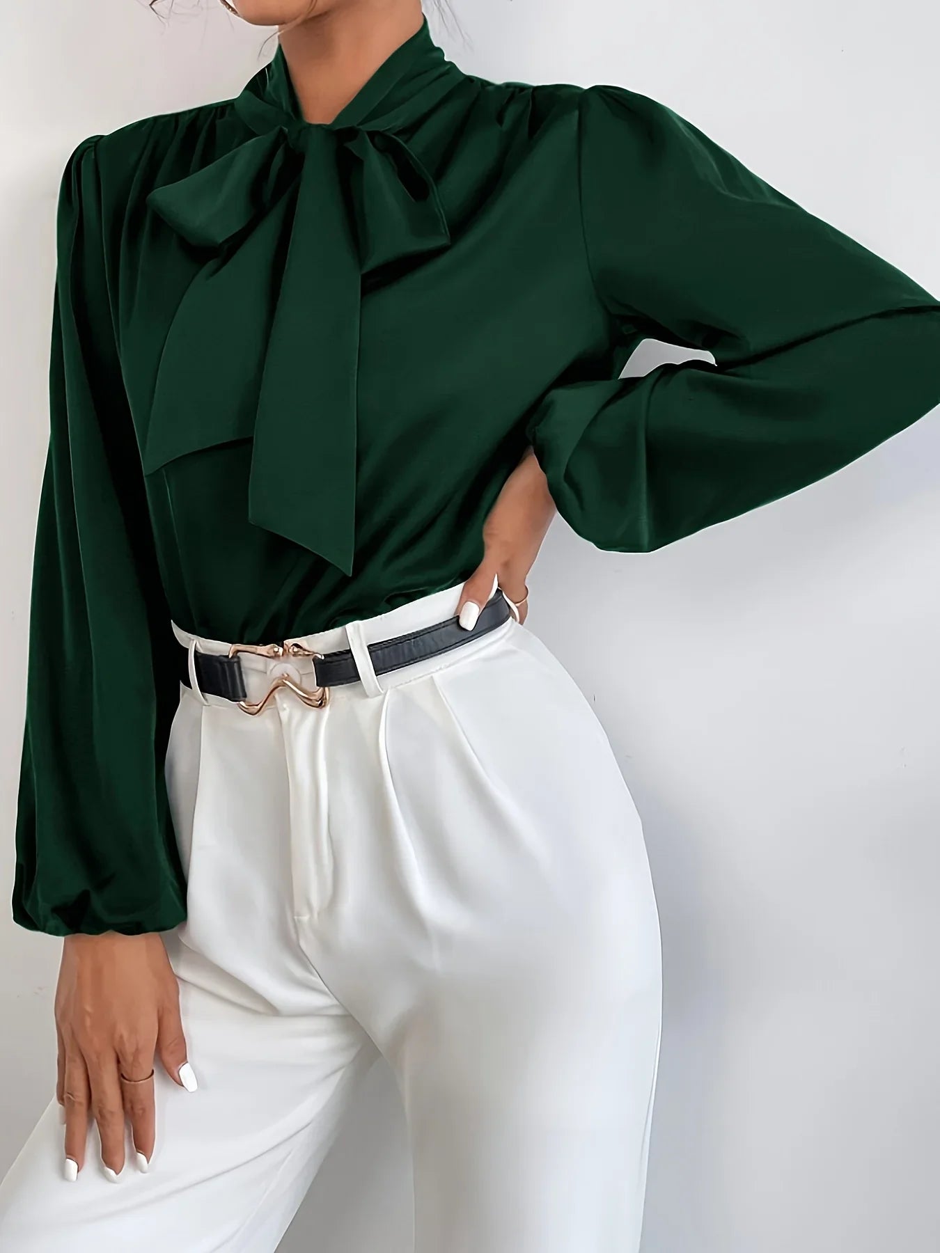 Bluse Mit Laternenärmeln & Bindekragen, Elegante, Einfarbige Bluse Für Büro & Arbeit - tif-shop24.de