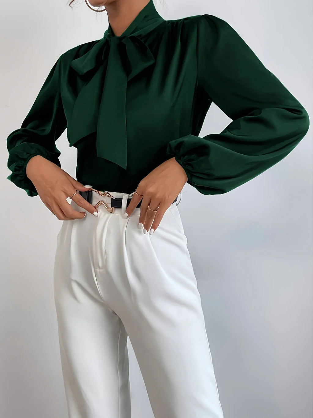 Bluse Mit Laternenärmeln & Bindekragen, Elegante, Einfarbige Bluse Für Büro & Arbeit - tif-shop24.de