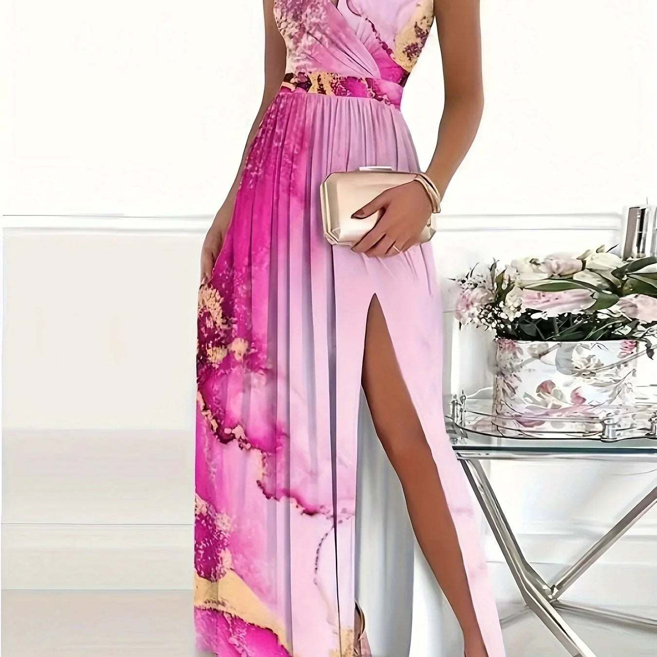 Allover Print Split Thigh Elegantes Cold Shoulder High Waist Sleeveless Dress - tif-shop24.de