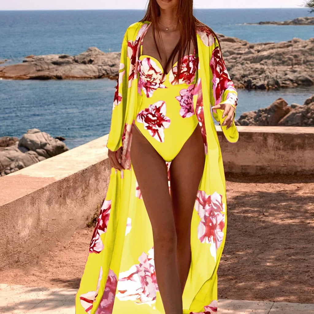 Florales Muster 2-teilige Badeanzüge, Bauchkontrolle Einteiliger Badeanzug & Cover Up Kimono - tif-shop24.de