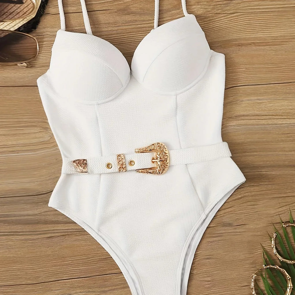 Einteiliger Badeanzug Mit Goldenem Geprägtem Gürteldekor Und Spaghettiträgern, Hochgeschnittener, Einfarbiger Push-up-Badeanzug In Weiß - tif-shop24.de