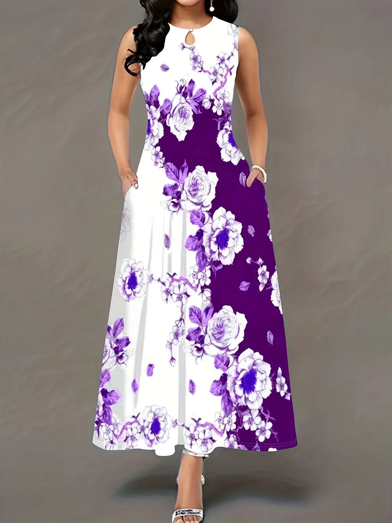 Übergroßes Lässiges Tankkleid Plus Farbblock Blumendruck Ausschnitt Rundhals Mittelstretch Maxi Tankkleid - tif-shop24.de