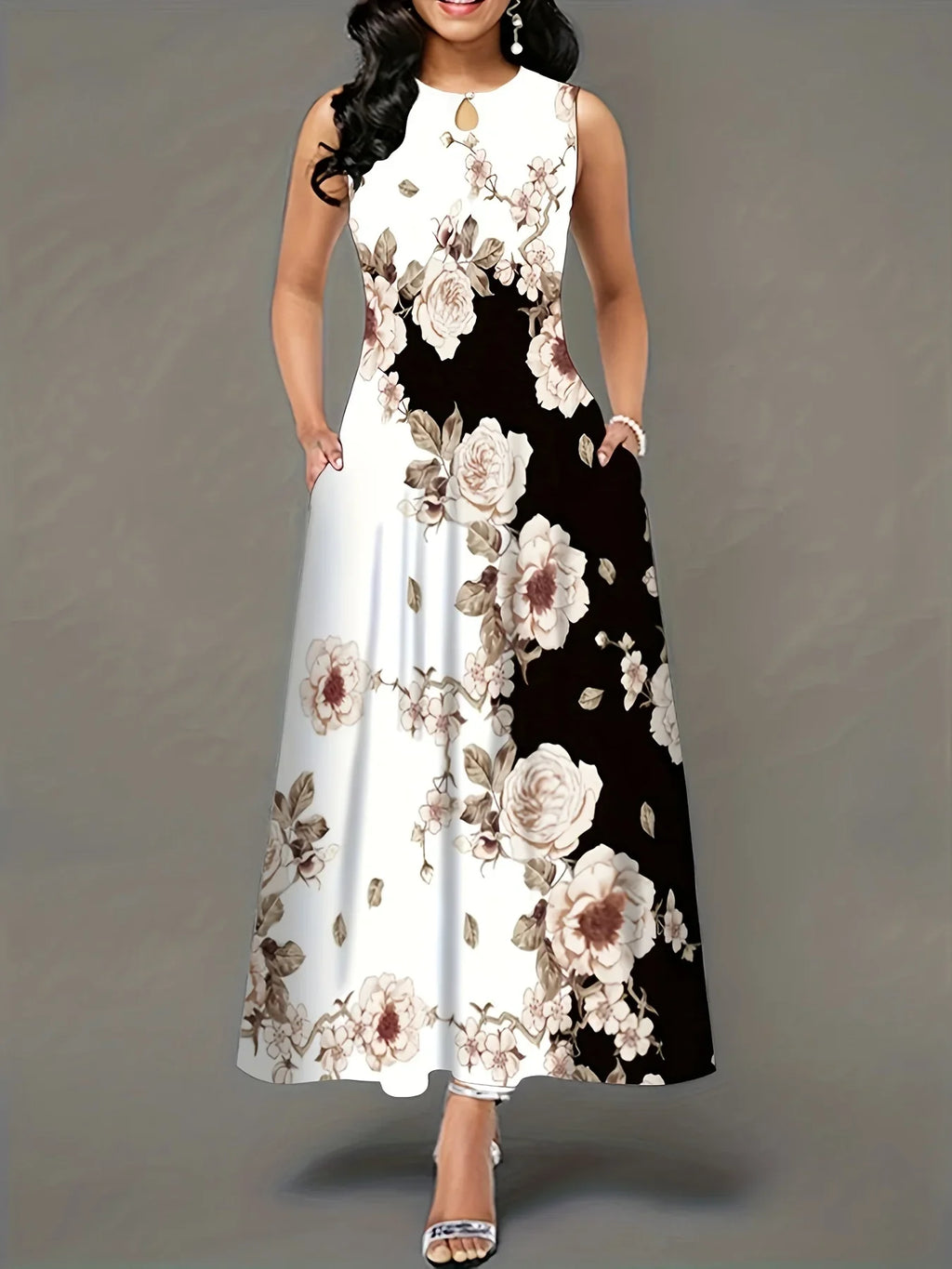 Übergroßes Lässiges Tankkleid Plus Farbblock Blumendruck Ausschnitt Rundhals Mittelstretch Maxi Tankkleid | tif-shop24.de