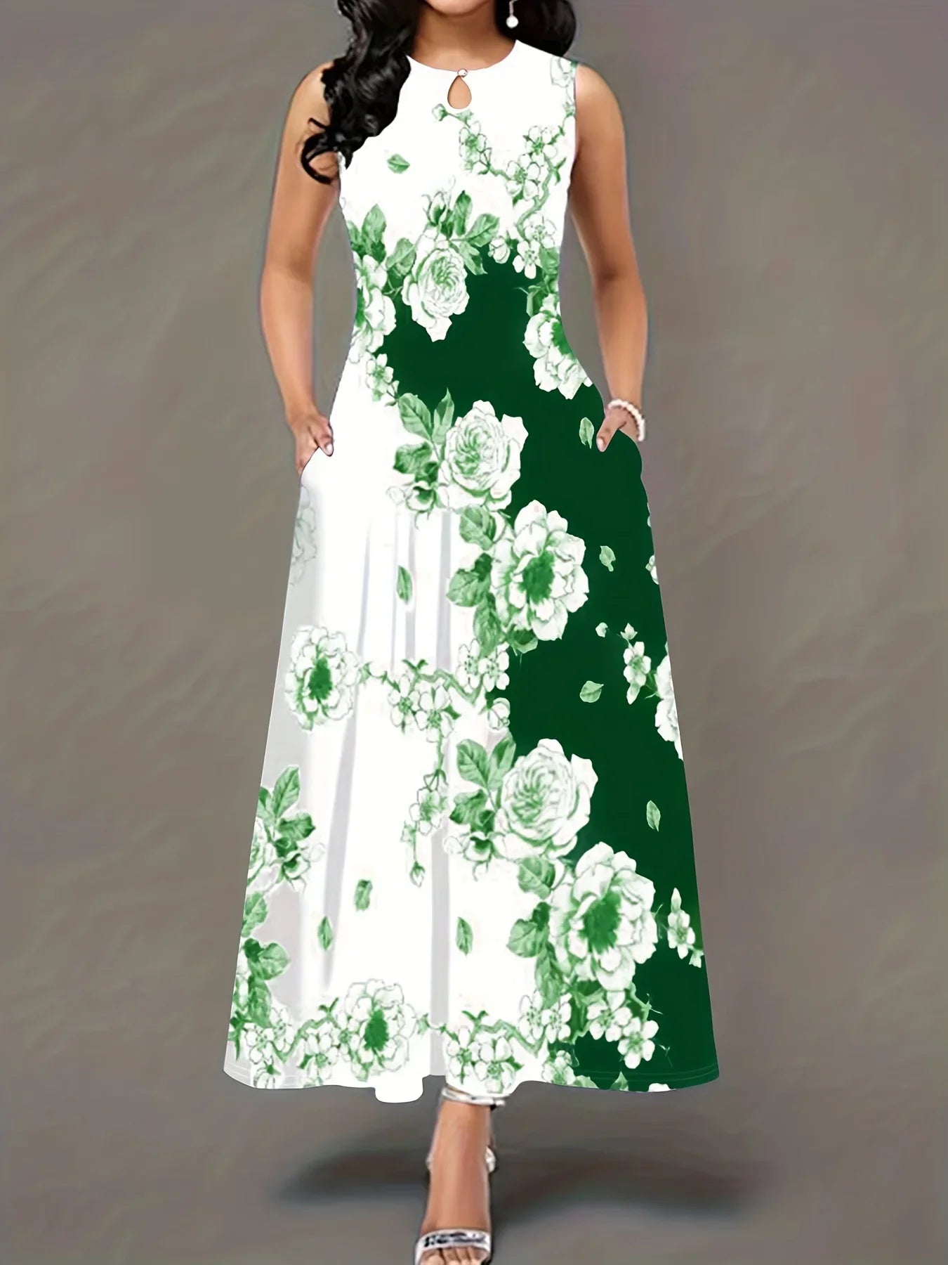 Übergroßes Lässiges Tankkleid Plus Farbblock Blumendruck Ausschnitt Rundhals Mittelstretch Maxi Tankkleid | tif-shop24.de