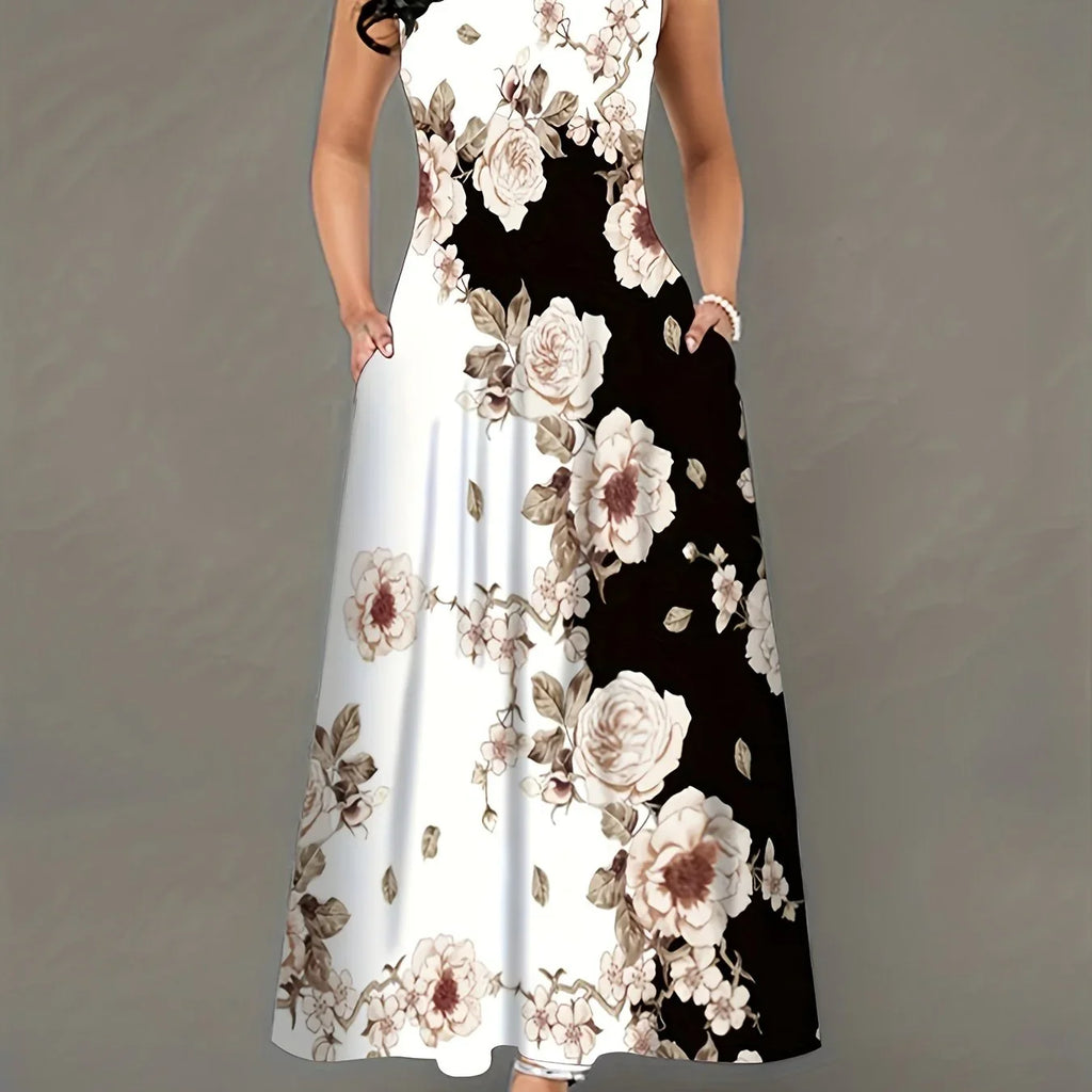Übergroßes Lässiges Tankkleid Plus Farbblock Blumendruck Ausschnitt Rundhals Mittelstretch Maxi Tankkleid | tif-shop24.de