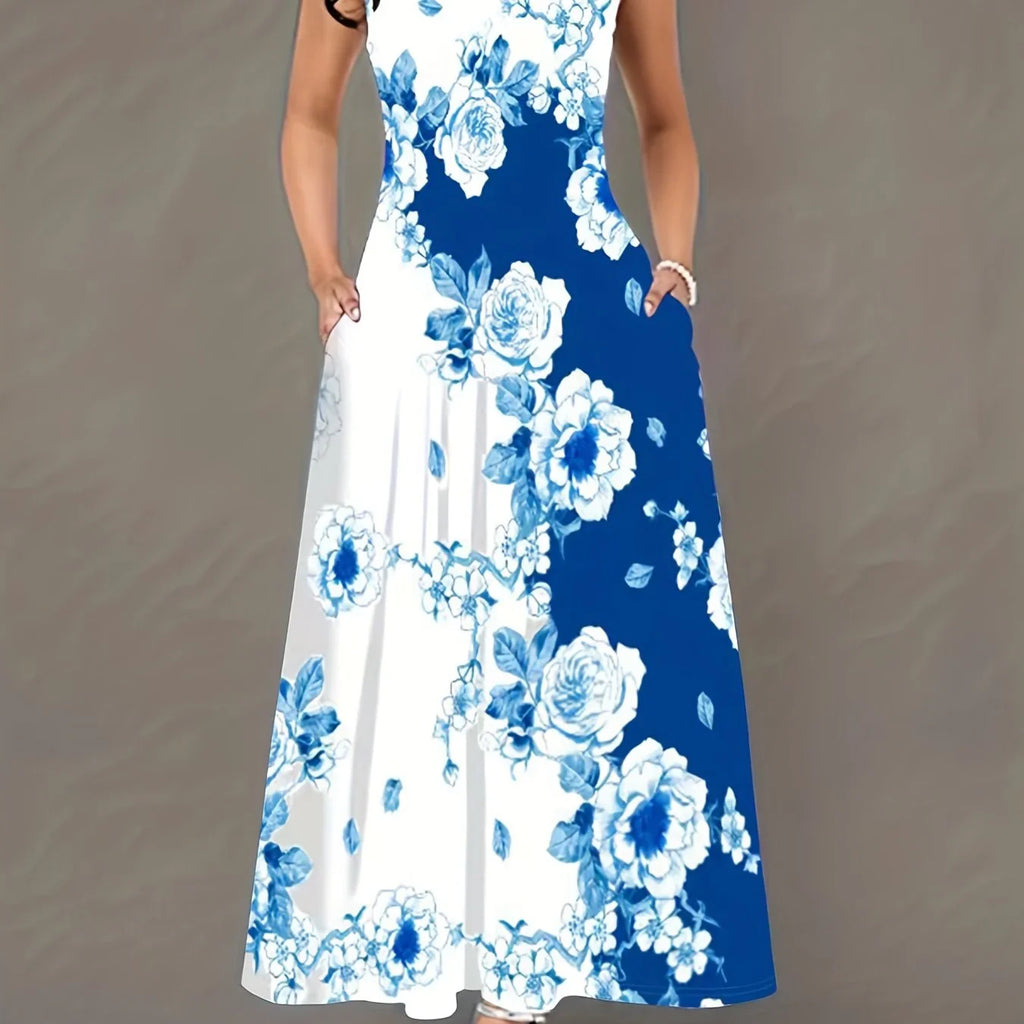 Übergroßes Lässiges Tankkleid Plus Farbblock Blumendruck Ausschnitt Rundhals Mittelstretch Maxi Tankkleid | tif-shop24.de