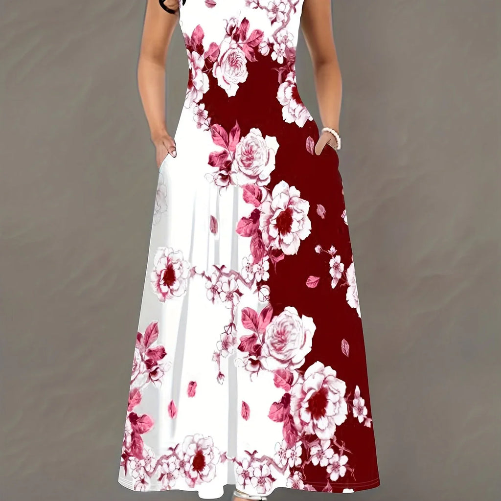 Übergroßes Lässiges Tankkleid Plus Farbblock Blumendruck Ausschnitt Rundhals Mittelstretch Maxi Tankkleid | tif-shop24.de