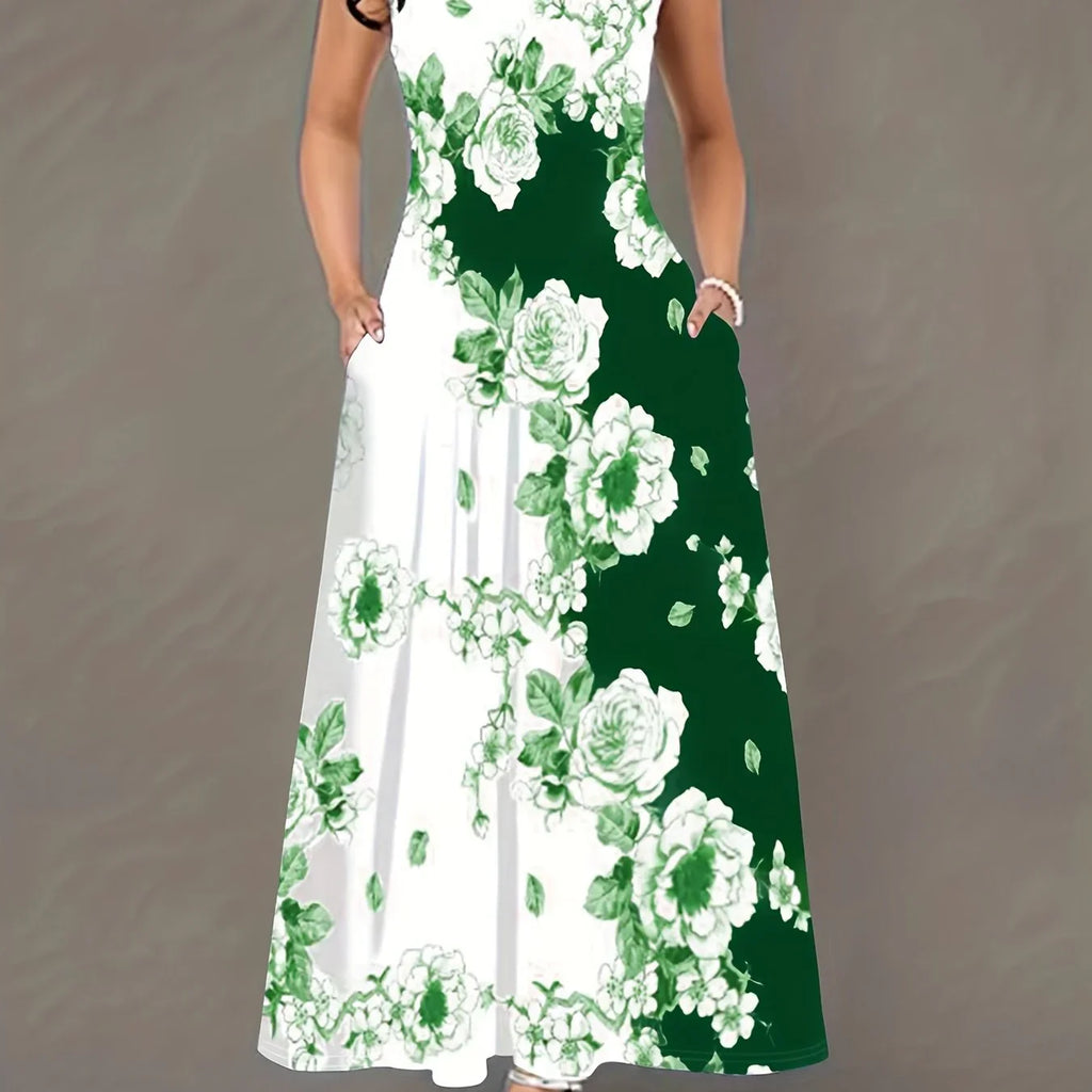 Übergroßes Lässiges Tankkleid Plus Farbblock Blumendruck Ausschnitt Rundhals Mittelstretch Maxi Tankkleid | tif-shop24.de