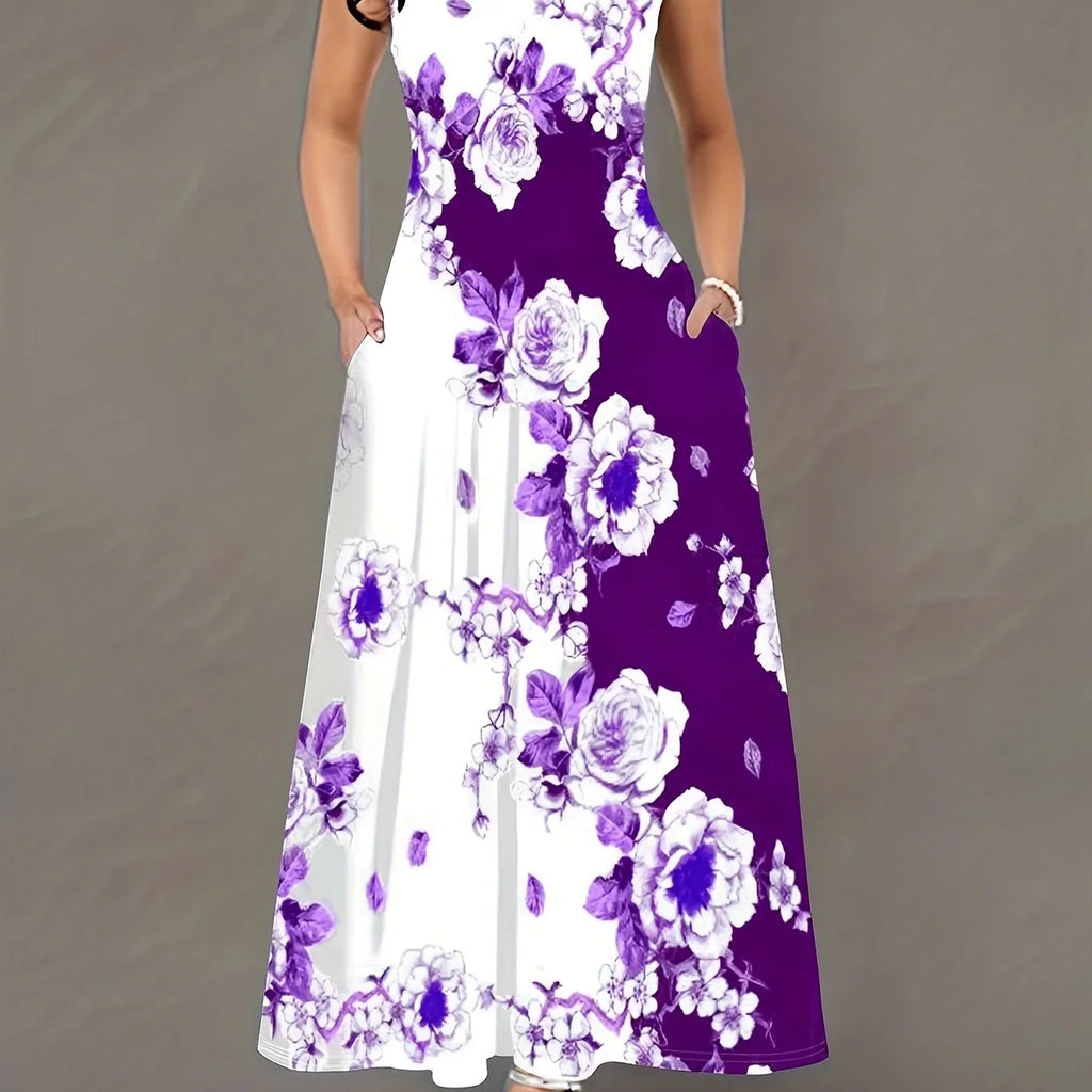 Übergroßes Lässiges Tankkleid Plus Farbblock Blumendruck Ausschnitt Rundhals Mittelstretch Maxi Tankkleid | tif-shop24.de