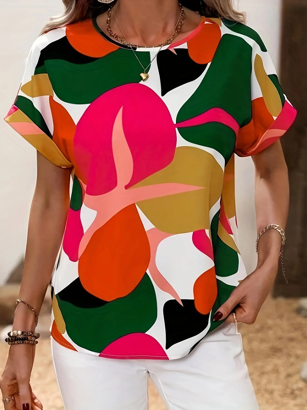 Allover Print Crew Neck Shirt Elegantes Knopf-Kurzarmhemd | tif-shop24.de