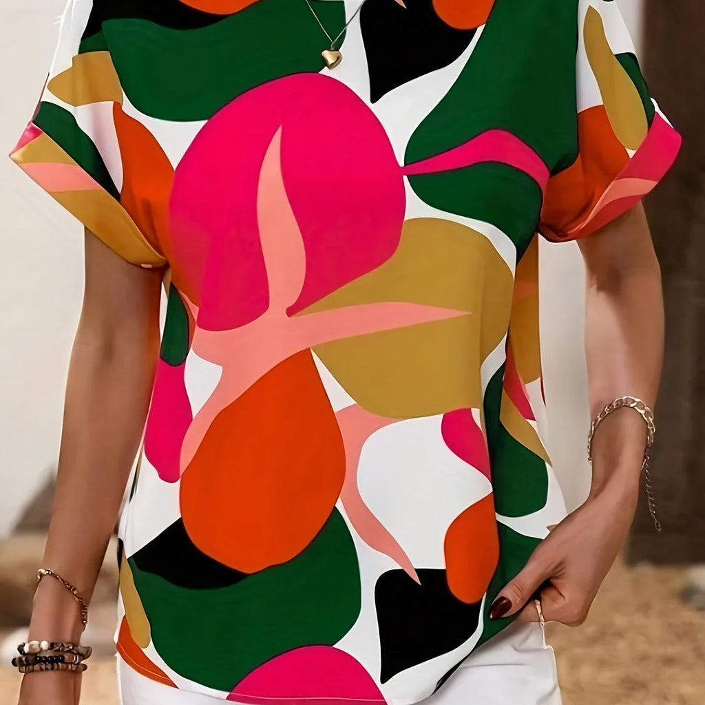 Allover Print Crew Neck Shirt Elegantes Knopf-Kurzarmhemd | tif-shop24.de