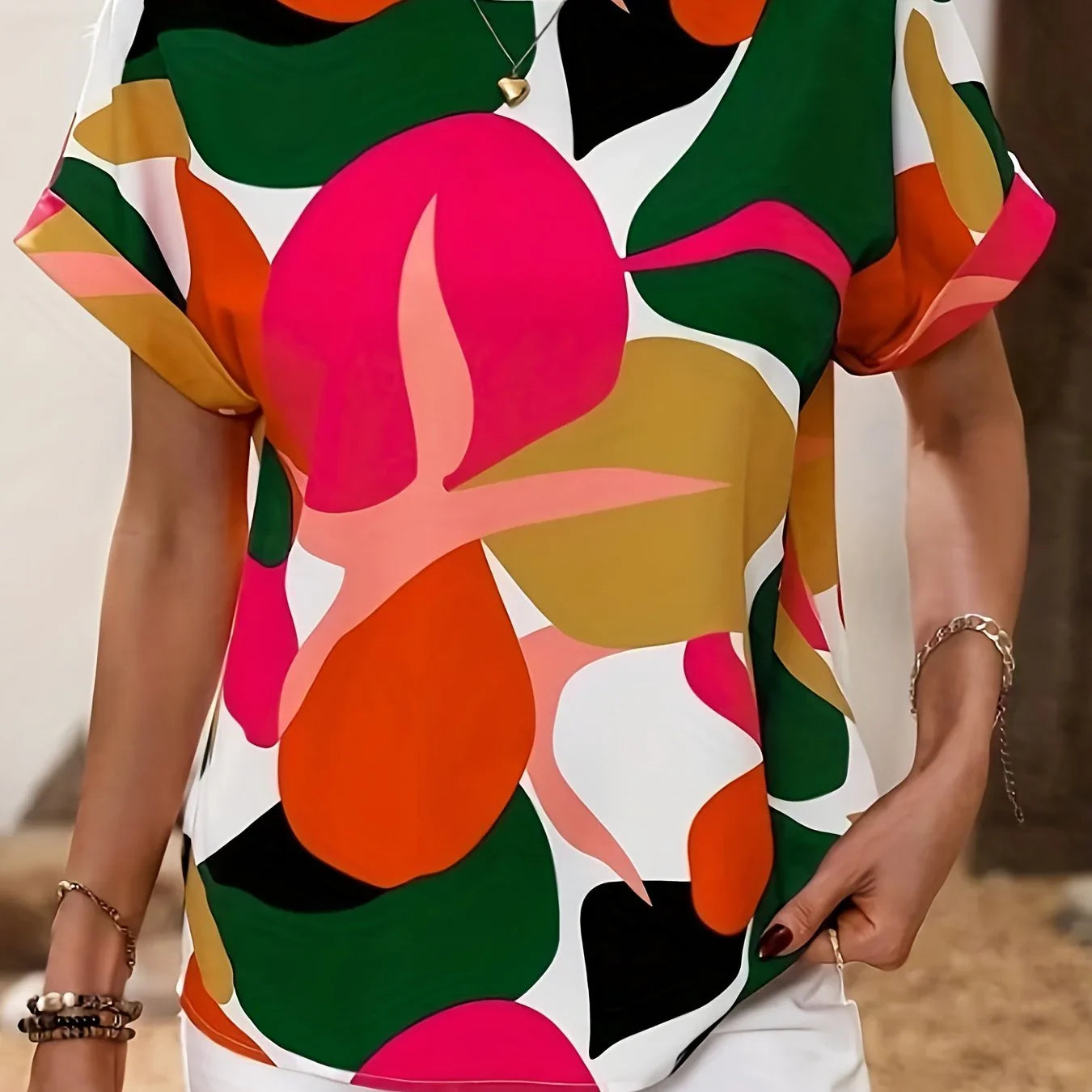 Allover Print Crew Neck Shirt Elegantes Knopf-Kurzarmhemd | tif-shop24.de