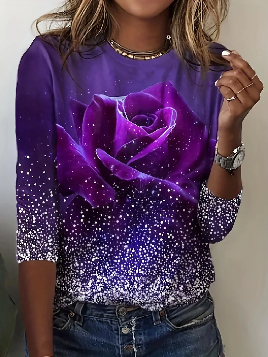 Rundhals-T-Shirt Mit Rosen-Print, Lässiges Langarm-Top Für Frühling Und Herbst, Damenbekleidung - tif-shop24.de