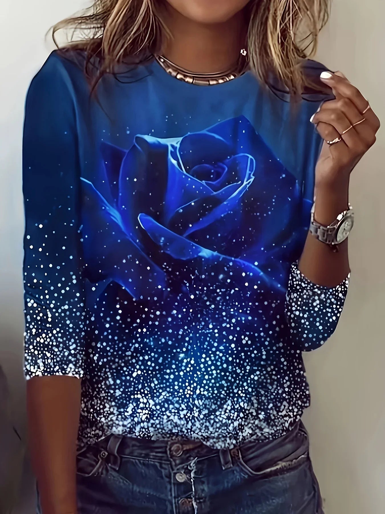 Rundhals-T-Shirt Mit Rosen-Print, Lässiges Langarm-Top Für Frühling Und Herbst, Damenbekleidung | tif-shop24.de